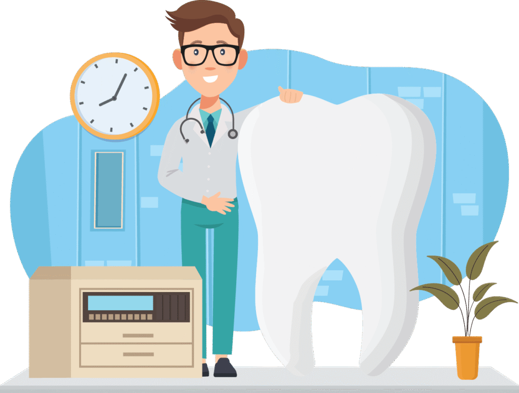 Dentist illustration next to an oversized tooth in a treatment room, accompanying information about when to book a dental check-up.