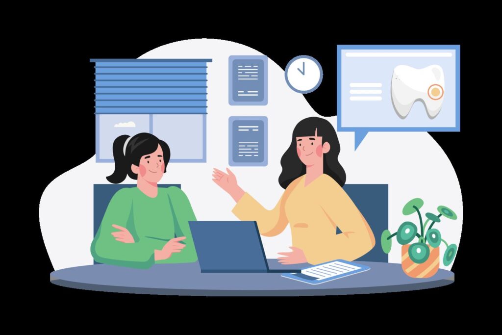 Illustration of a patient consulting a dentist about porcelain veneers at a desk
