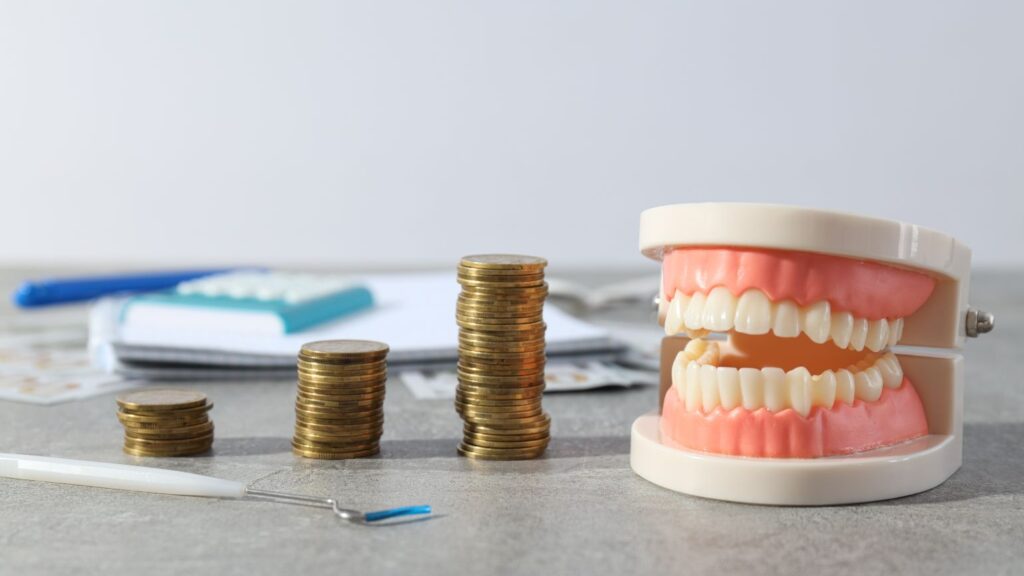What affects the Hollywood smile cost in Turkey? dental model next to stacks of coins