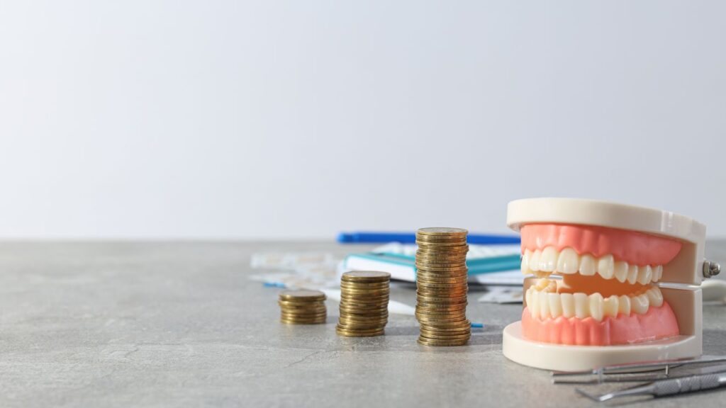 Hollywood smile cost in Ireland: dental model and coin stacks