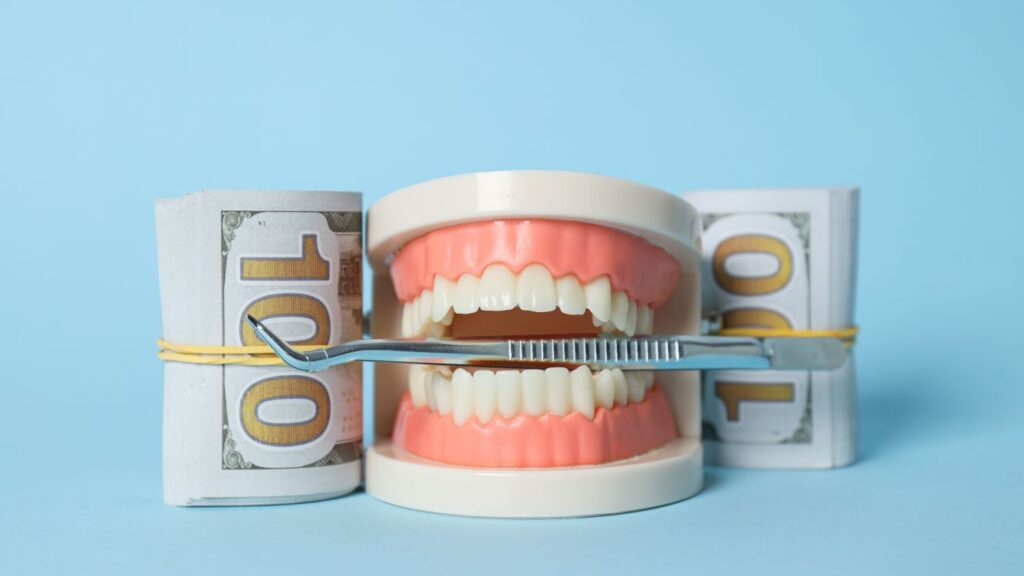 What really drives the Hollywood smile cost in Russia up or down: dental model with toothbrush between teeth and rolled $100 bills.
