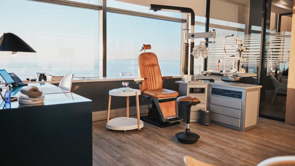Luxury dental clinic treatment room with modern equipment and large windows, representing top cosmetic dentistry clinics in Iran for Hollywood smile makeovers.
