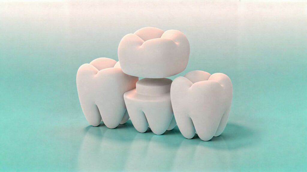 Hollywood smile risks by treatment type, crowns: dental crown caps shown on top of teeth to explain crown coverage and limitations.