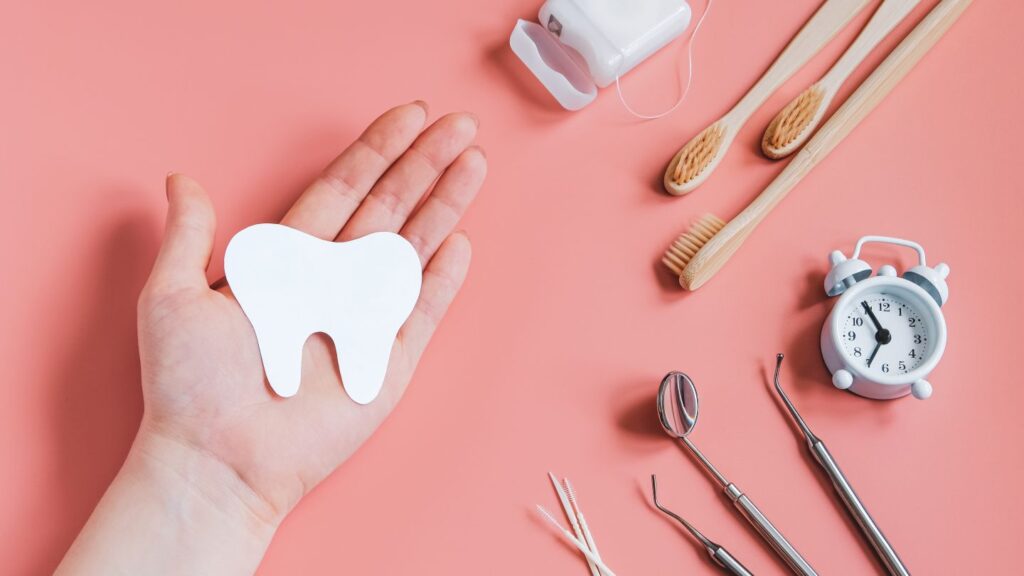 Bridal smile makeover timeline concept with tooth icon, dental tools, toothbrushes, floss, and clock